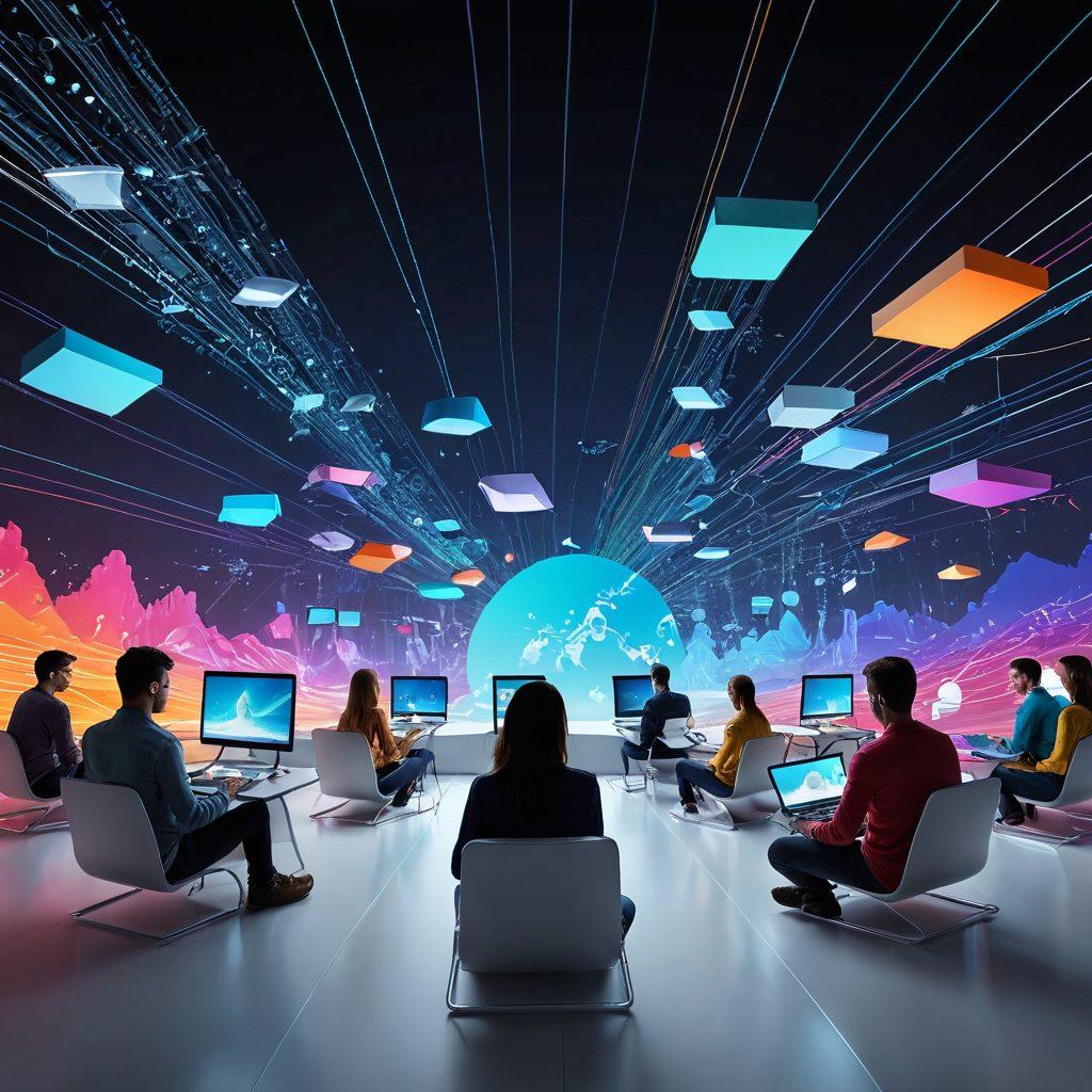 A dynamic digital landscape featuring various innovative web tools and platforms interconnected with streaming data lines. Include user-friendly interfaces and diverse individuals interacting with these tools on various devices such as laptops, tablets, and smartphones. Emphasize a seamless user journey with bright, engaging colors and a futuristic vibe. super-realistic. vibrant colors. 3D.