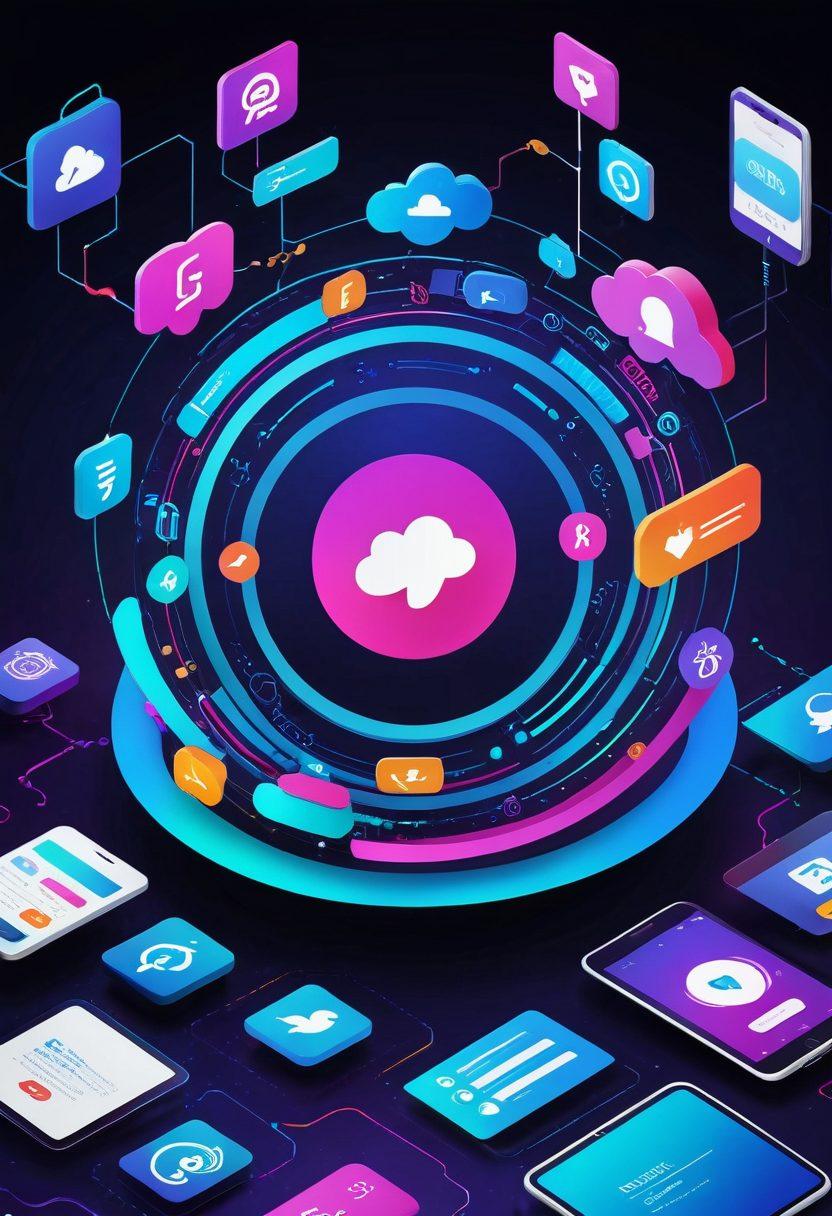 A futuristic web interface showcasing diverse digital services like e-commerce, social media, and gaming, seamlessly connecting different devices like smartphones, tablets, and desktops. Incorporate elements that symbolize user experience transformation, such as fluid animations and intuitive design features. Use vibrant colors to give a lively feel, with background elements hinting at advanced technology like AI and cloud computing. futuristic design, bright colors, 3D elements.