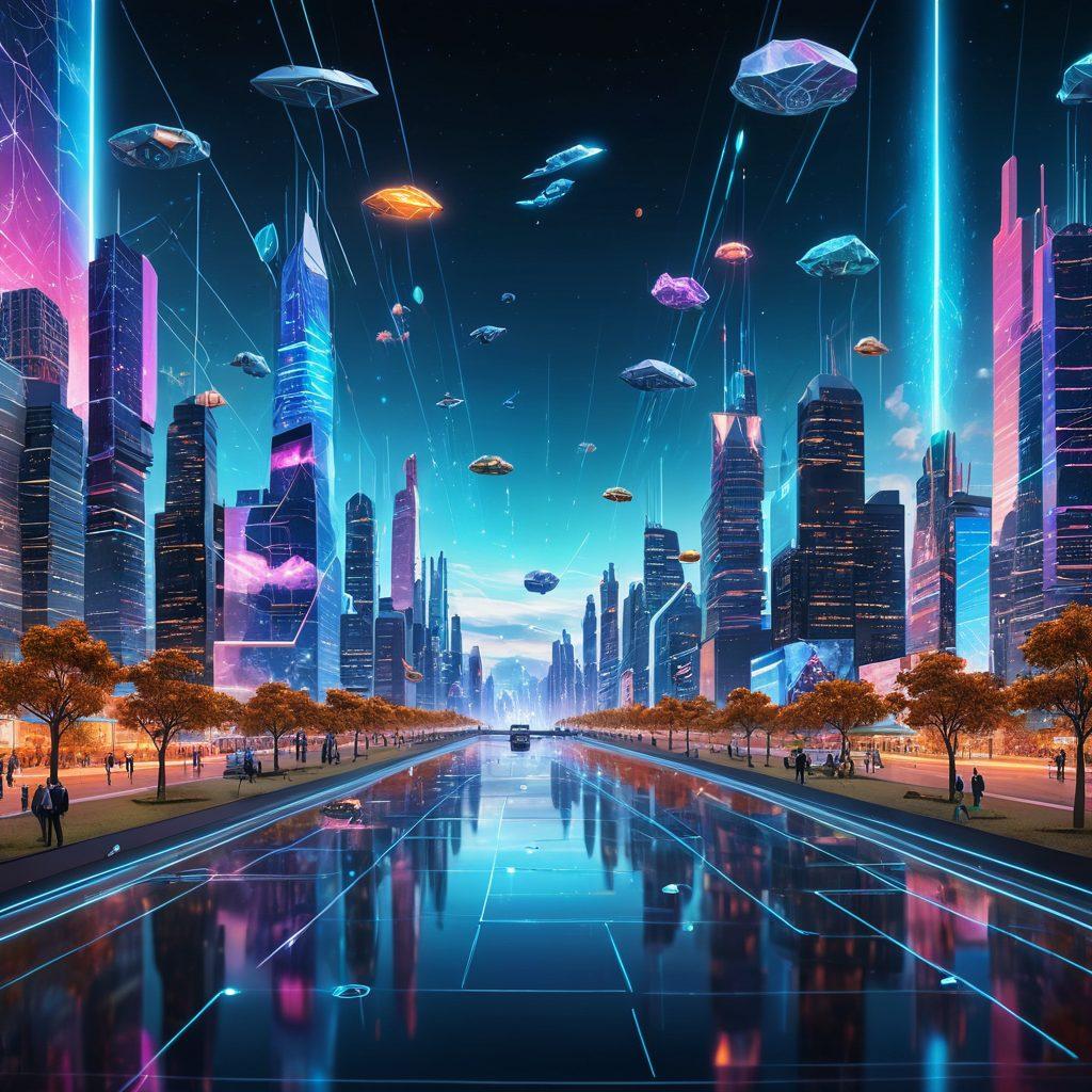 A futuristic digital landscape showcasing diverse internet applications, featuring holographic interfaces and user-friendly designs. Include elements symbolizing cutting-edge technology like AI, cloud computing, and virtual reality interacting seamlessly with users. Use vibrant colors and dynamic elements to illustrate a thriving digital ecosystem. super-realistic. vibrant colors. 3D.